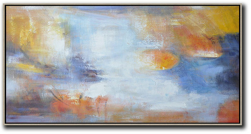 Oversized Canvas Art On Canvas,Horizontal Palette Knife Contemporary Art,Large Living Room Wall Decor,Blue,White,Yellow.etc